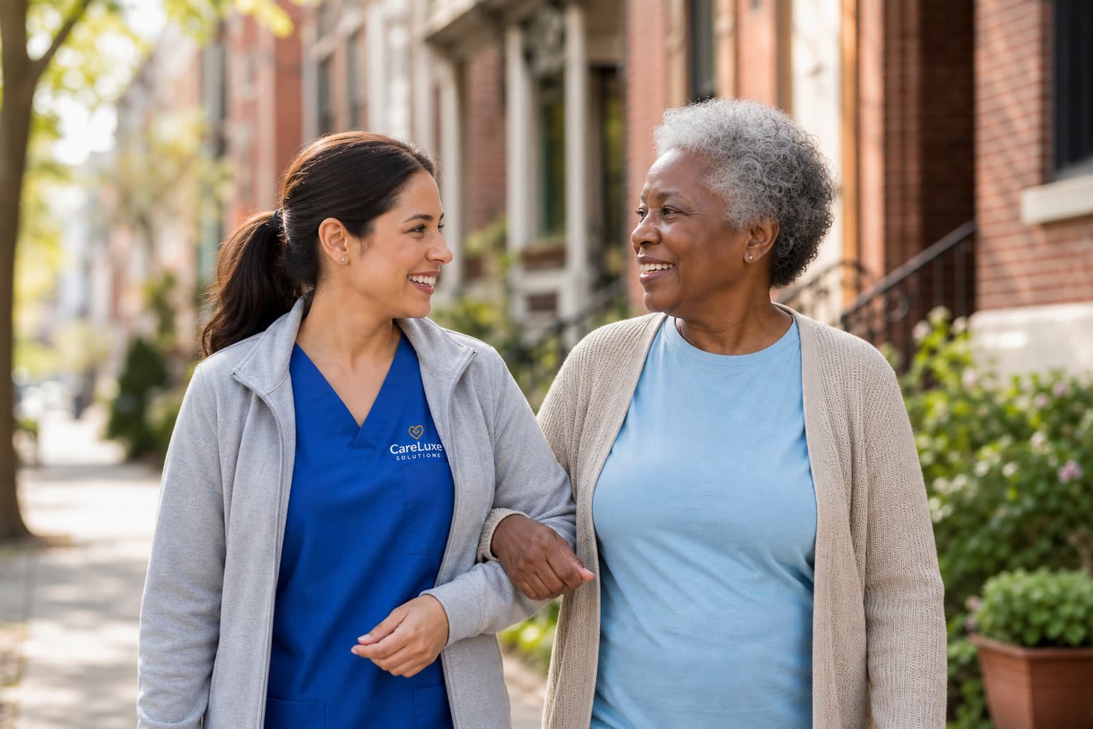 CareLuxe Solutions caregiver walking arm-in-arm with a client on a neighborhood sidewalk