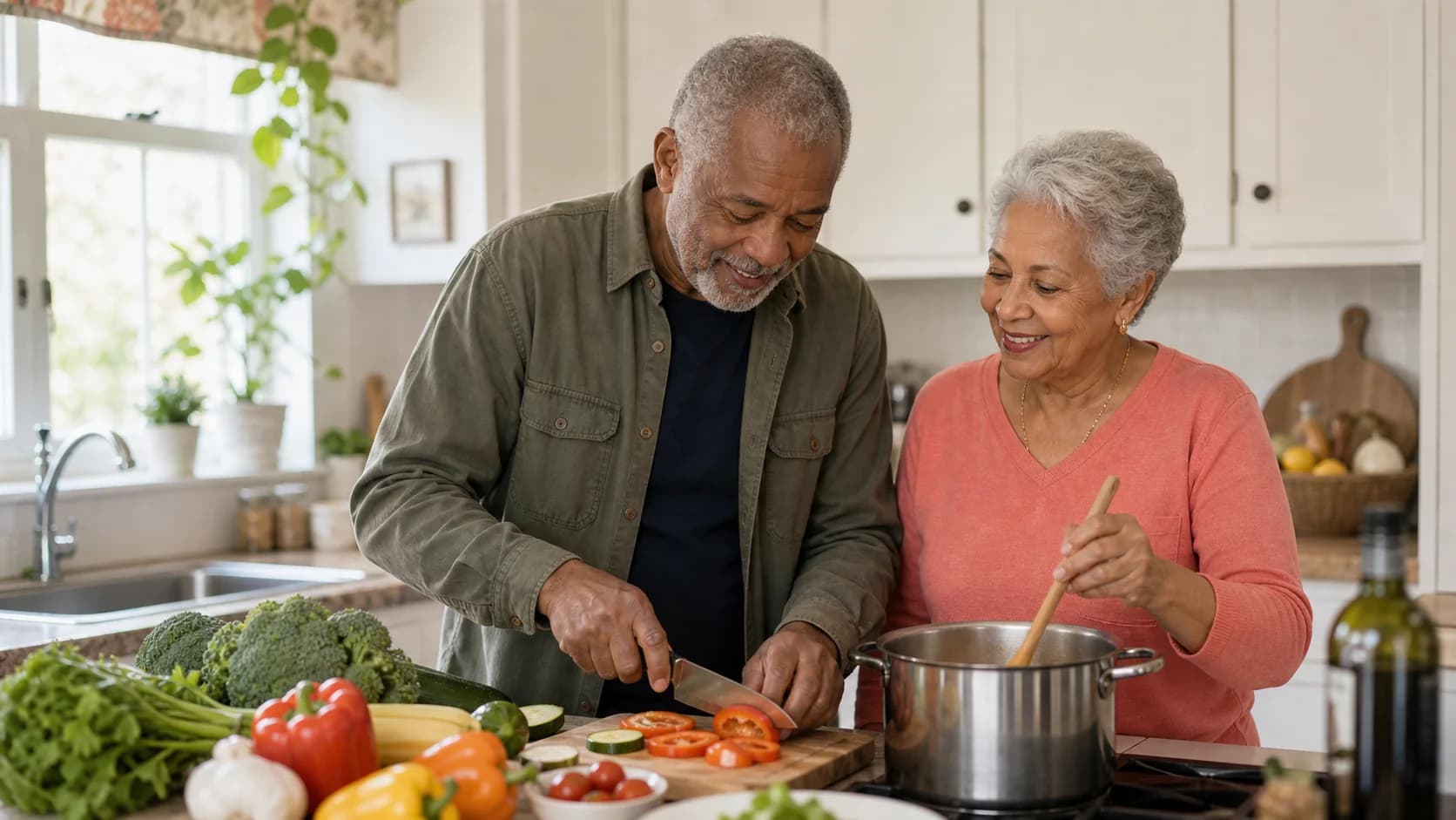 Caregiver and older adult preparing a meal together in a home kitchen