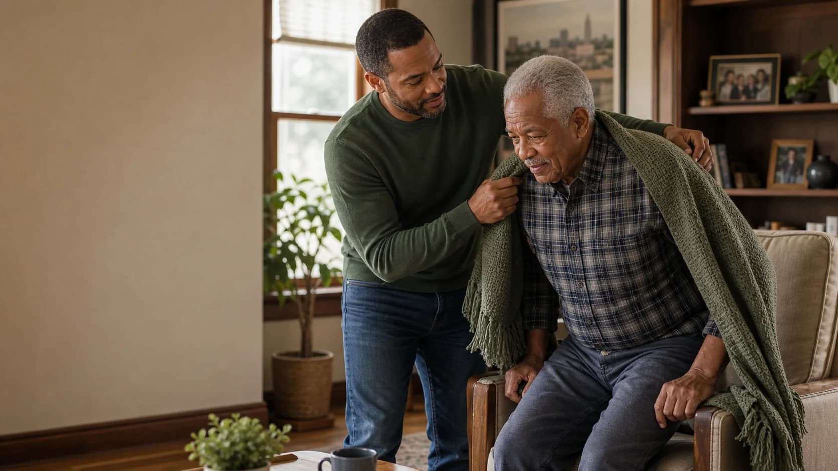 Adult son helping his older father with a blanket in a warm living room
