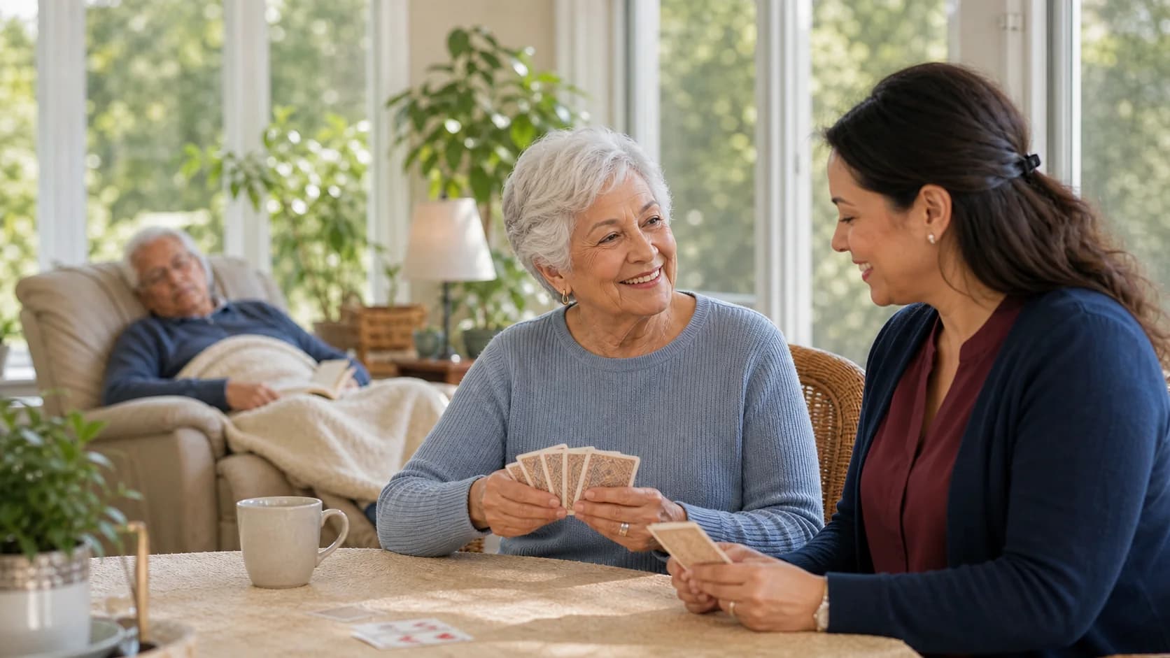 Caregiver providing companionship to an older adult while a spouse rests nearby